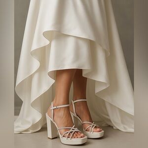 B2458- Badgley Mischka Frida White Satin Rhinestone Platform Sandals Sz 8.5 NWT